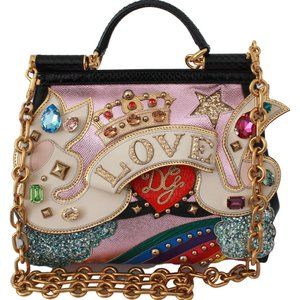 Dolce & Gabbana Pink Leather Crystal Crown LOVE Purse Satchel SICILY Bag